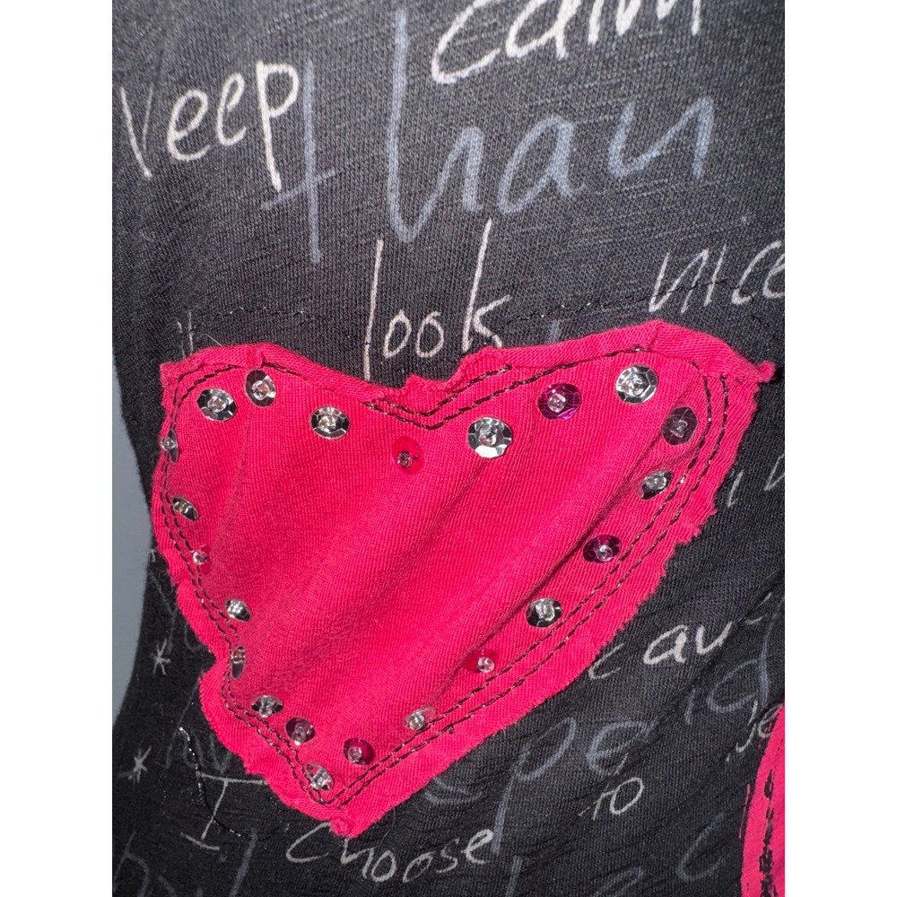 Desigual patchwork heart embroidered rhinestone tie back shirt sleeve black top - Picture 3 of 9